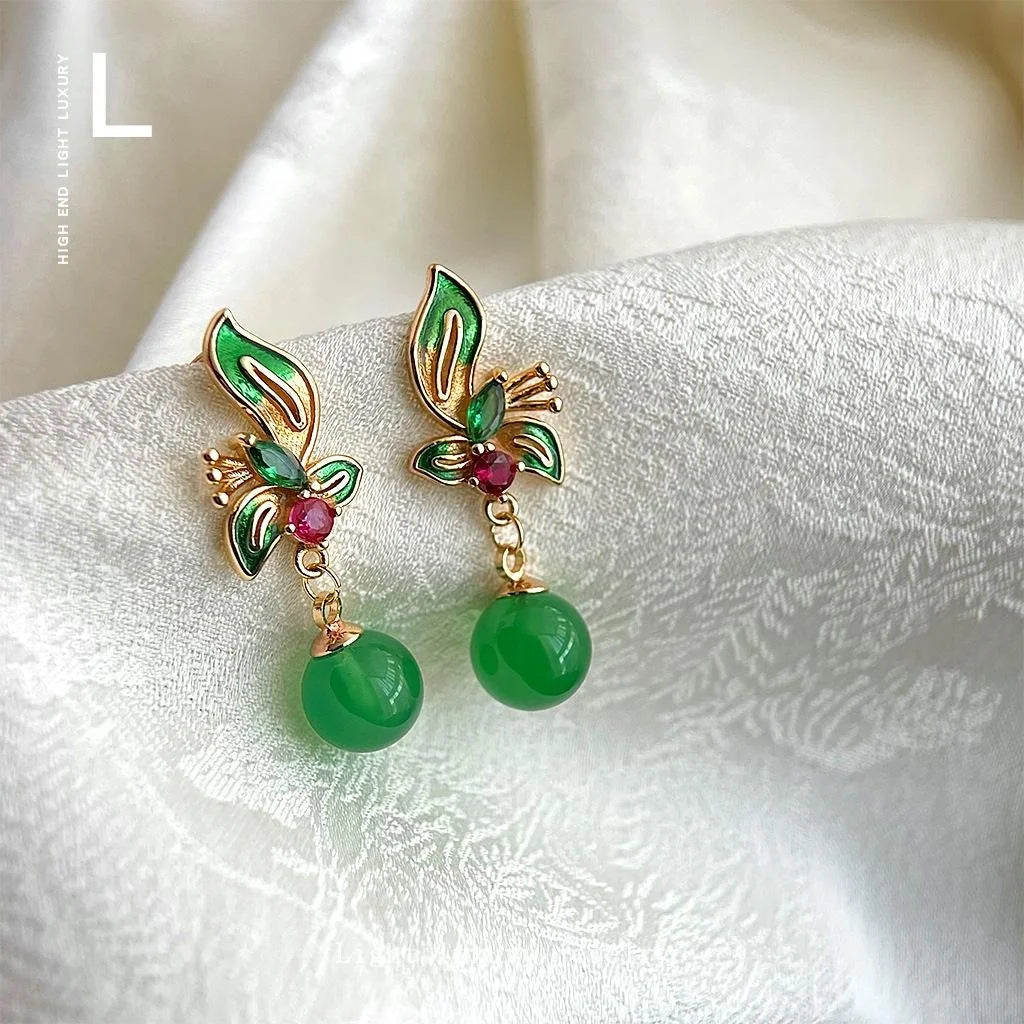 Chinese Style Green Agate Flower Drop Earrings, Copper Micro Pave Zircon Peacock Green Jewelry