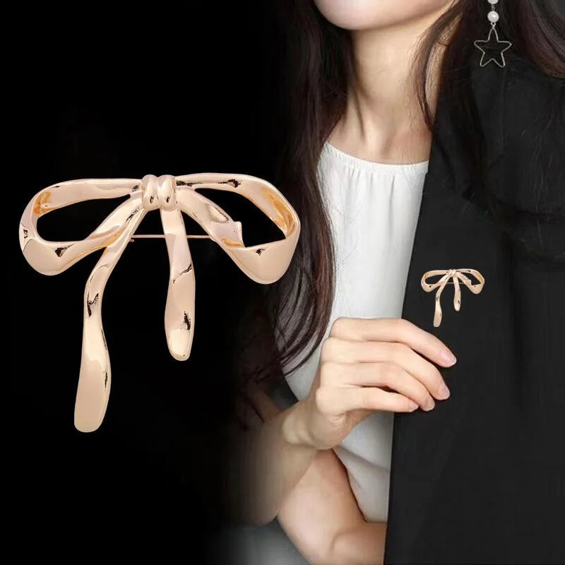 Elegant Polished Gold Alloy Bow Brooch For Women, Smooth Ribbon Lapel Pin Corsage Suit Accessory Gift