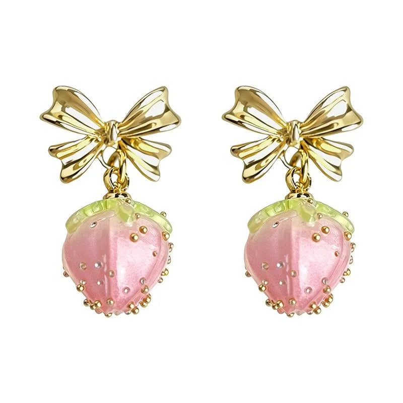 Sweet Pink Strawberry Bow Resin Copper Drop Earrings Handmade Vacation Style Jewelry