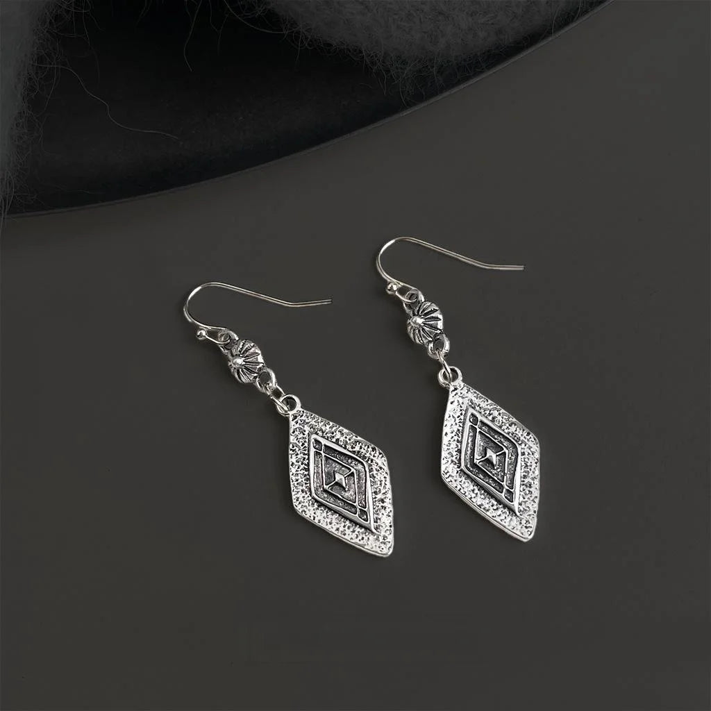 Vintage New Chinese Style Geometric Rhombus Pattern Eco-Friendly Copper Drop Earrings