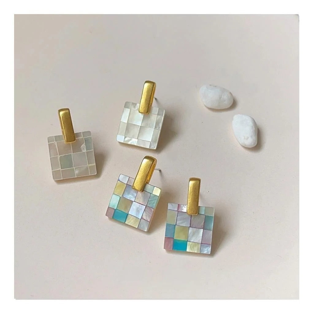 Light Luxury Shell Geometric Square 14K Gold Plated Stud Earrings