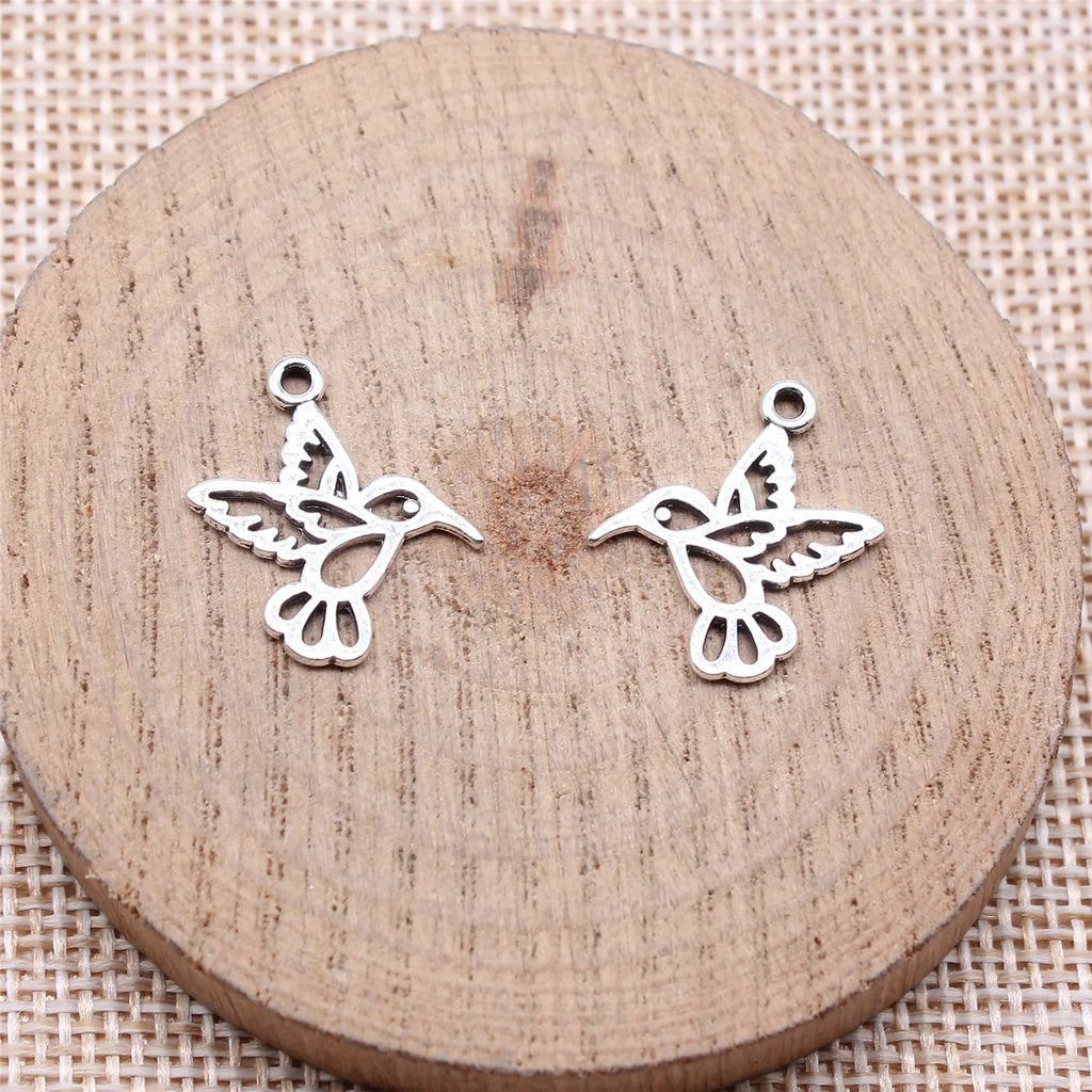 19x17mm 0.63g Antique Silver Zinc Alloy Hollow Hummingbird Bird Charm Pendant for DIY Jewelry Making