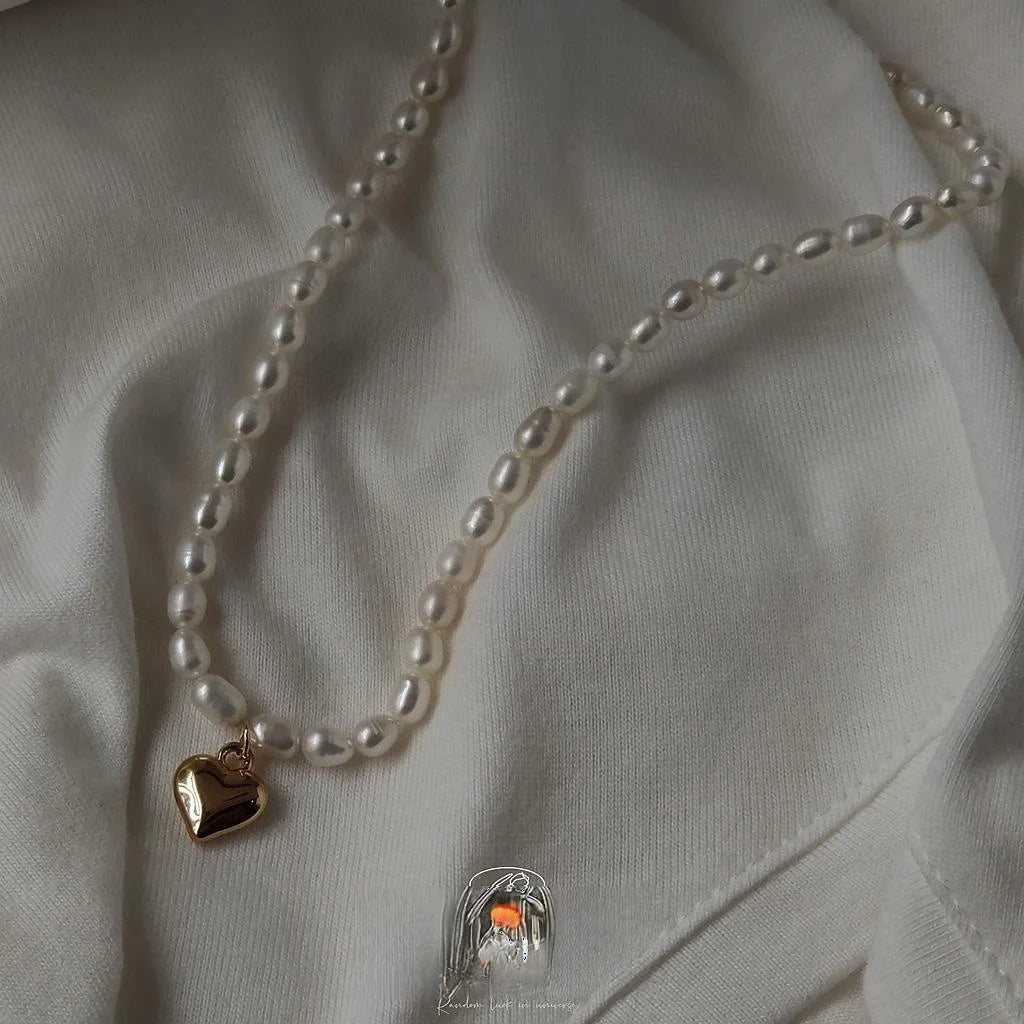 14K Gold Plated Natural Freshwater Pearl Heart Pendant Necklace Japanese Korean Elegant Clavicle Chain