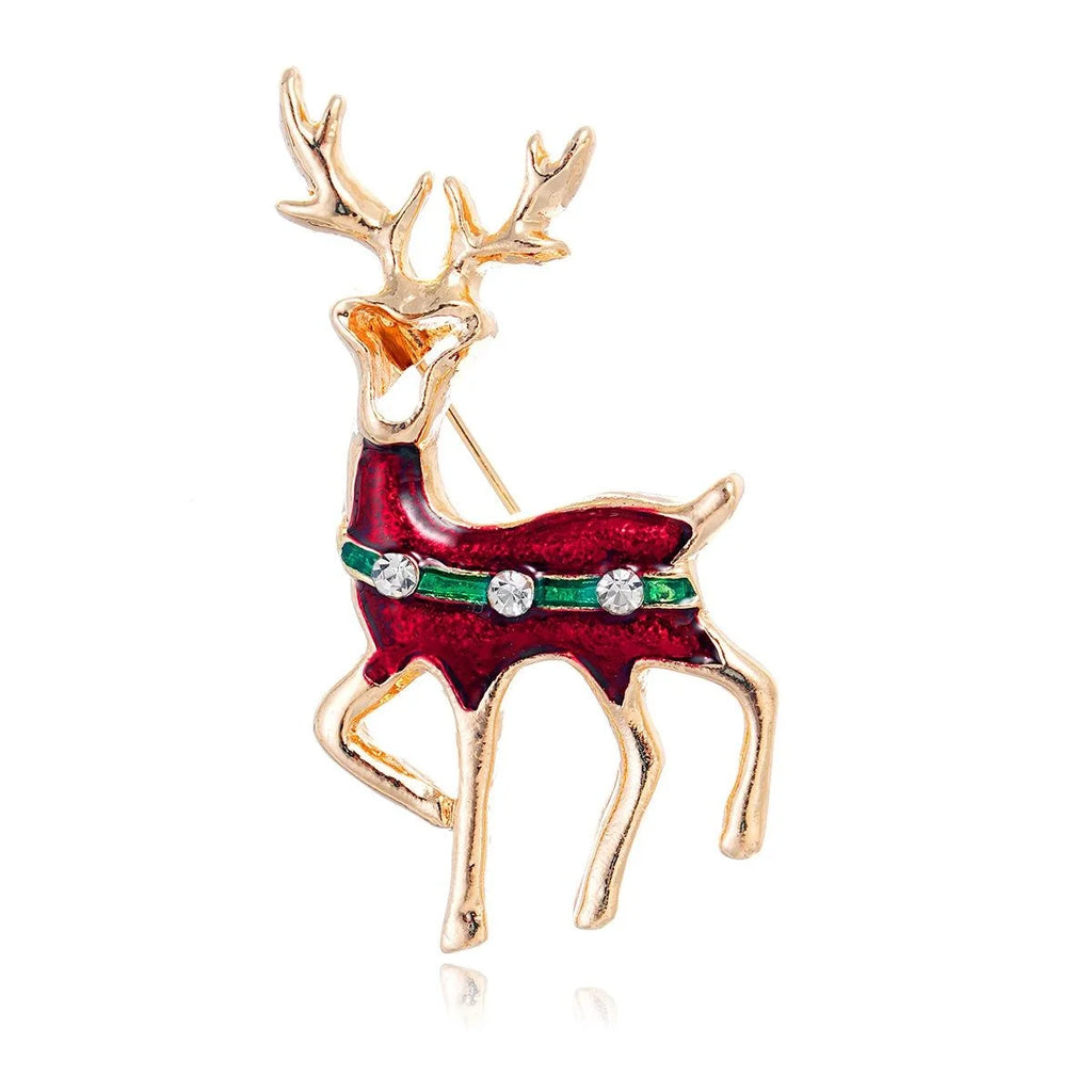 Cute Christmas Reindeer Brooch With Red Enamel Rhinestones, Gold Alloy Deer Lapel Pin Gift For Women