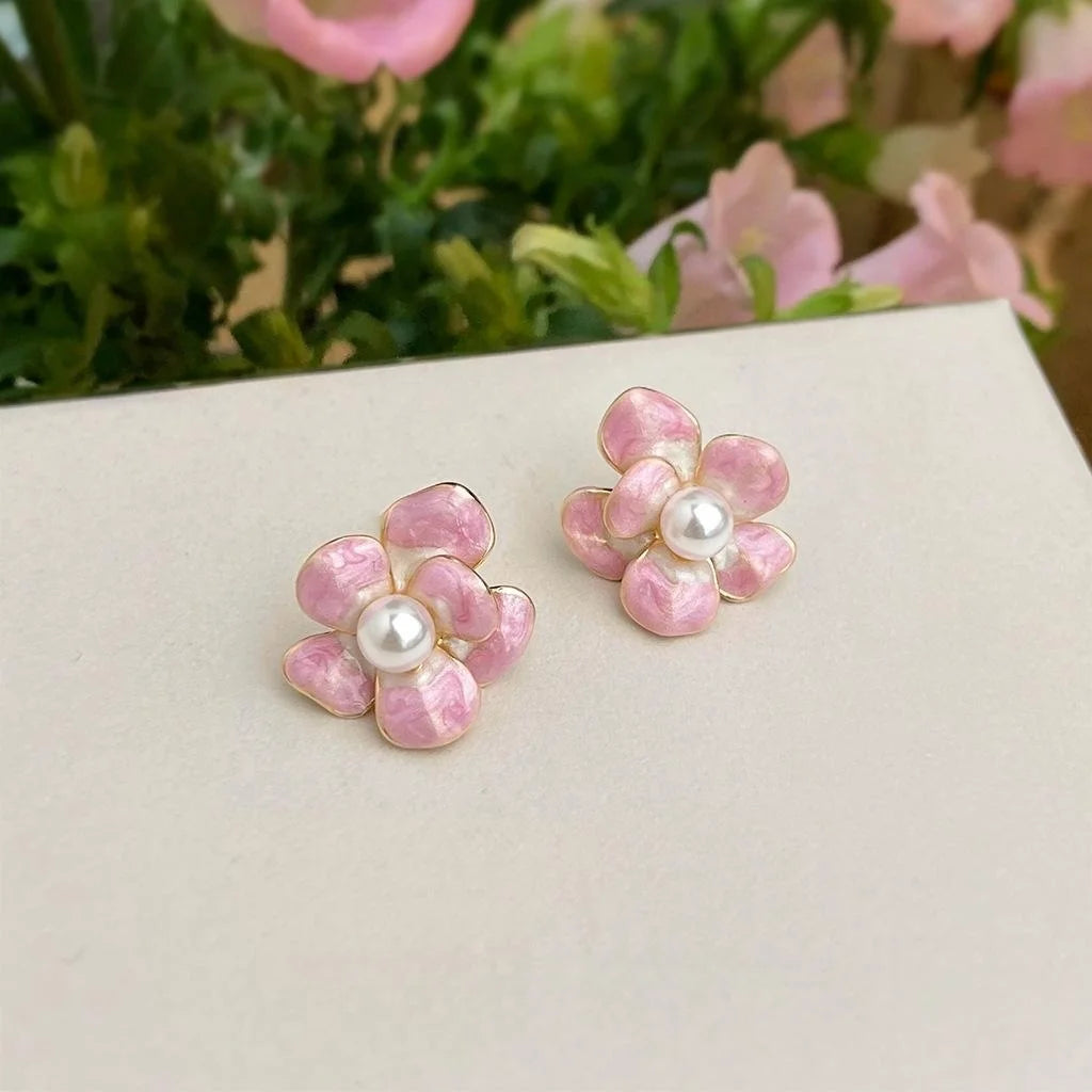 Sweet Pink Gradient Enamel Flower Stud Earrings 14K Plated Copper Elegant Floral Jewelry