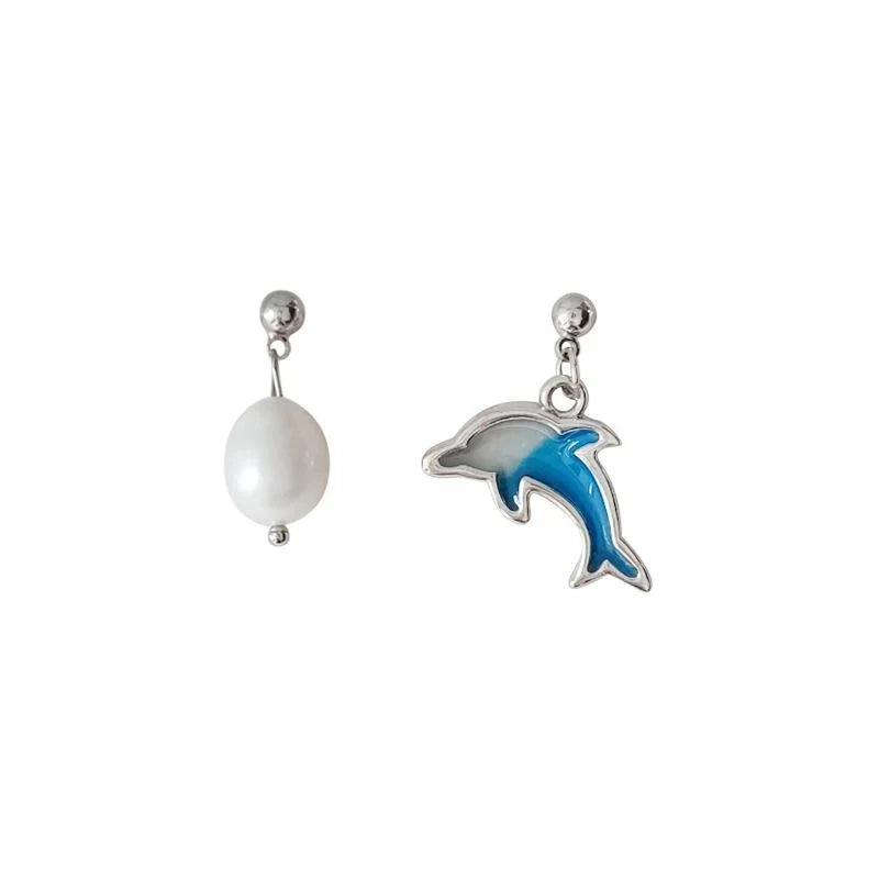 Original Design Copper Silver Plated Freshwater Pearl Asymmetric Dolphin Stud Earrings
