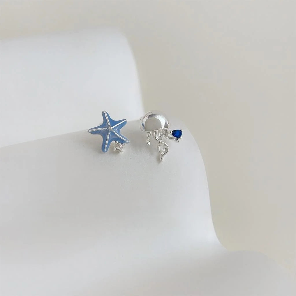 Designer Asymmetric Silver Starfish And Jellyfish Copper Stud Earrings For Women Sweet Cool Style