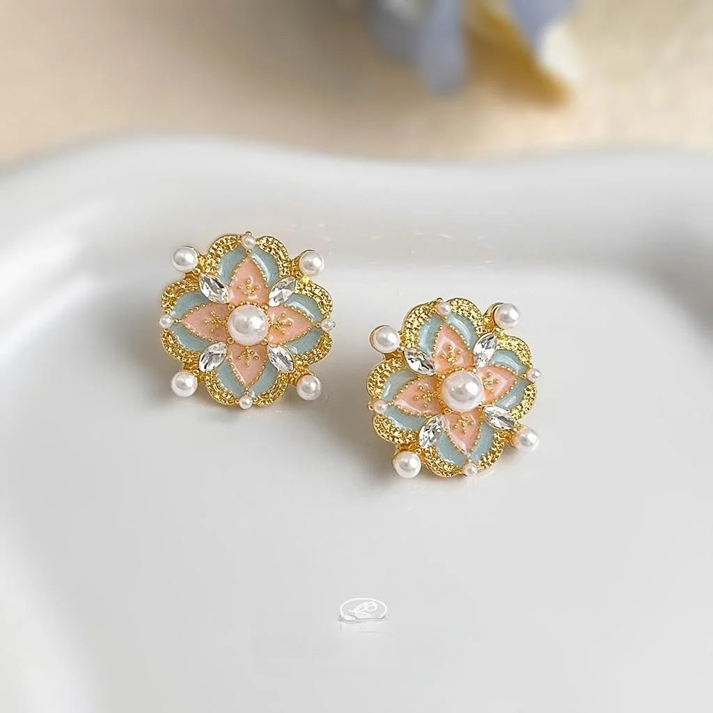 Artistic Vintage New Chinese Enamel Glazed Flower Copper Stud Earrings For Women