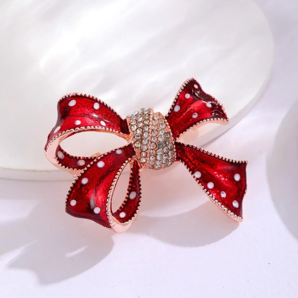 Elegant Red Enamel Bow Brooch With Rhinestone Center, Women's Lapel Pin Scarf Clip Suit Accessory Gift
