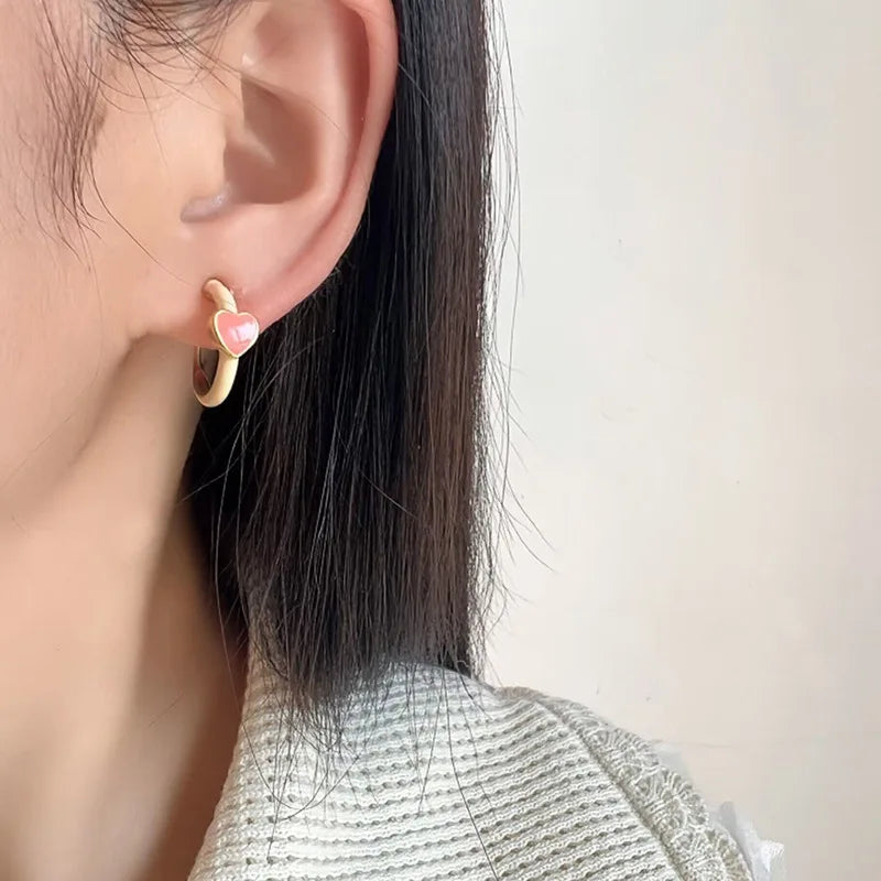 Elegant Pink Enamel Heart Spiral Hoop Alloy Stud & Clip On No Piercing Minimalist Circle Earrings