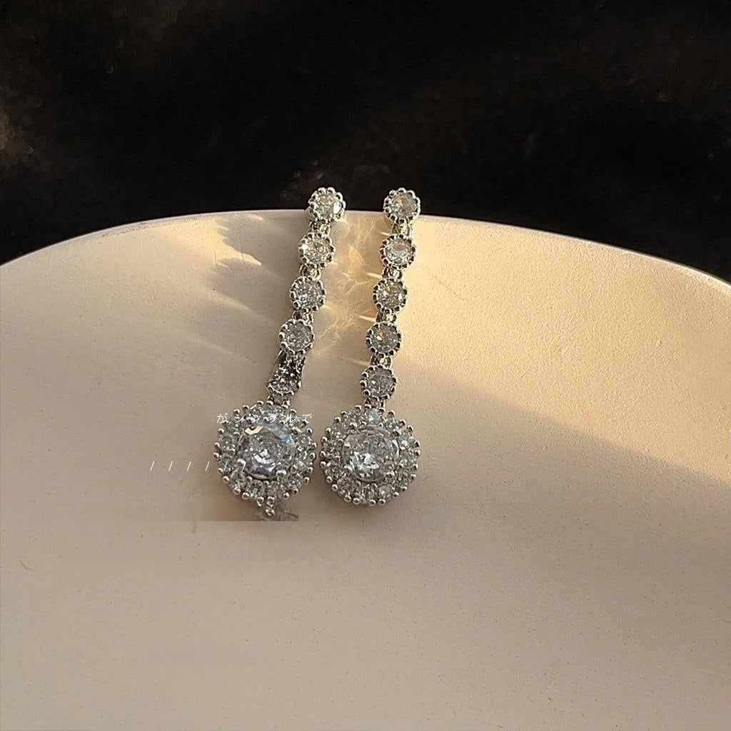 Light Luxury Geometric Sunflower Zircon Copper Long Tassel Drop Earrings For Women