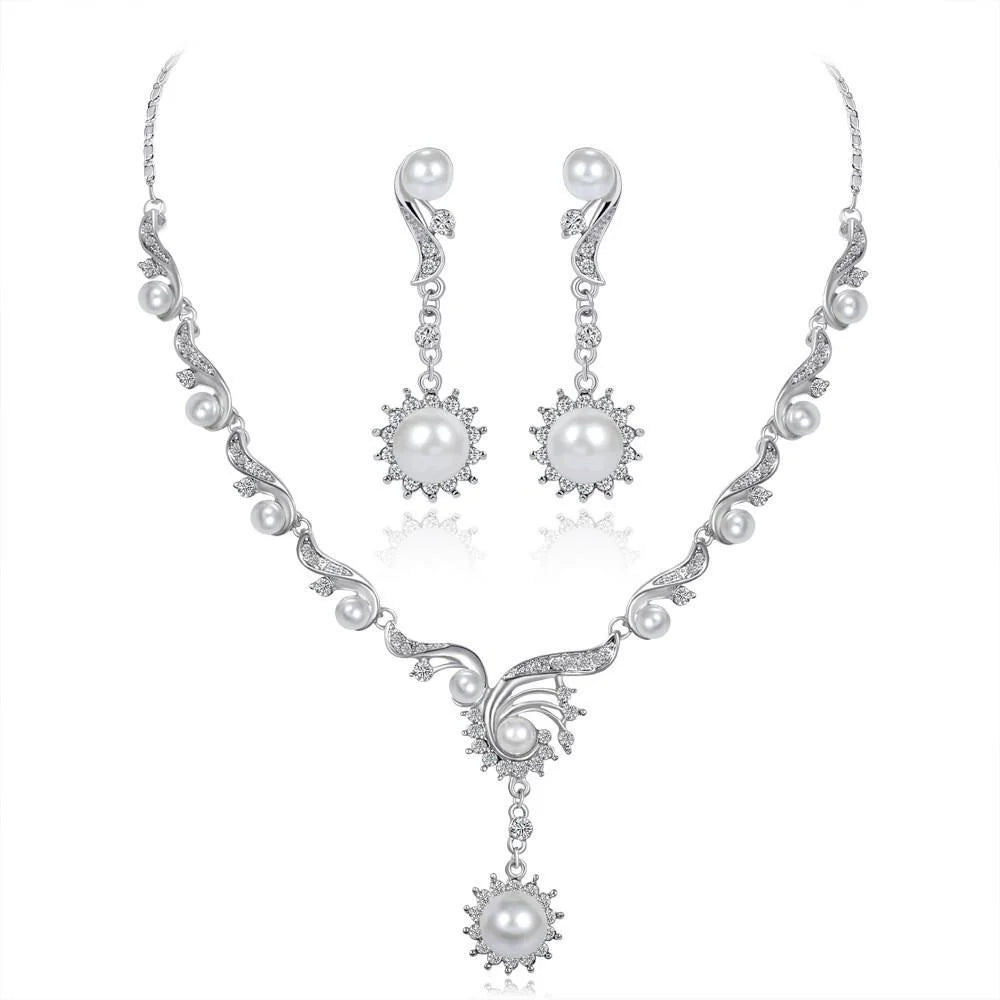 Elegant Pearl Rhinestone Necklace And Earrings Jewelry Set Silver Tone Bridal Jewelry For Wedding Party Gift