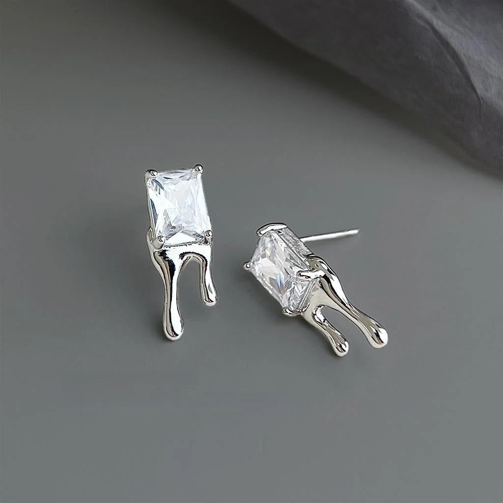 Geometric Sugar Cube Zircon Copper Stud Earrings Liquid Lava Waterdrop Sweet Cool Minimalist Jewelry