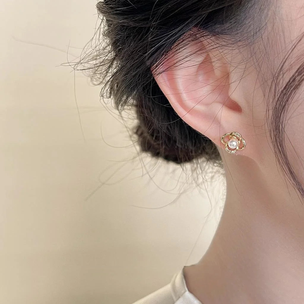 Silver Plated Copper Flower Stud Earrings With Zircon Pave And High Luster Pearl