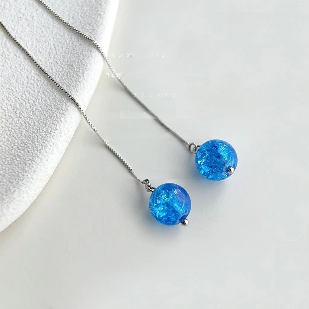 Blue Planet Glass Crushed Ice Long Tassel Ear Thread Drop Earrings Geometric Fresh Style