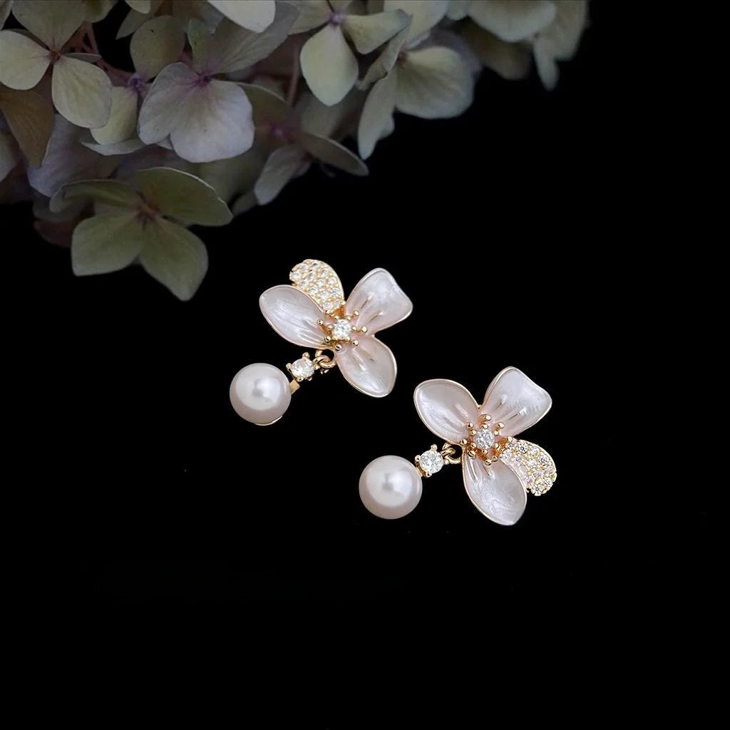 Sweet Elegant Floral Drop Earrings With Micro Pave Zircon And Hand Painted Glass Pearl Flowers