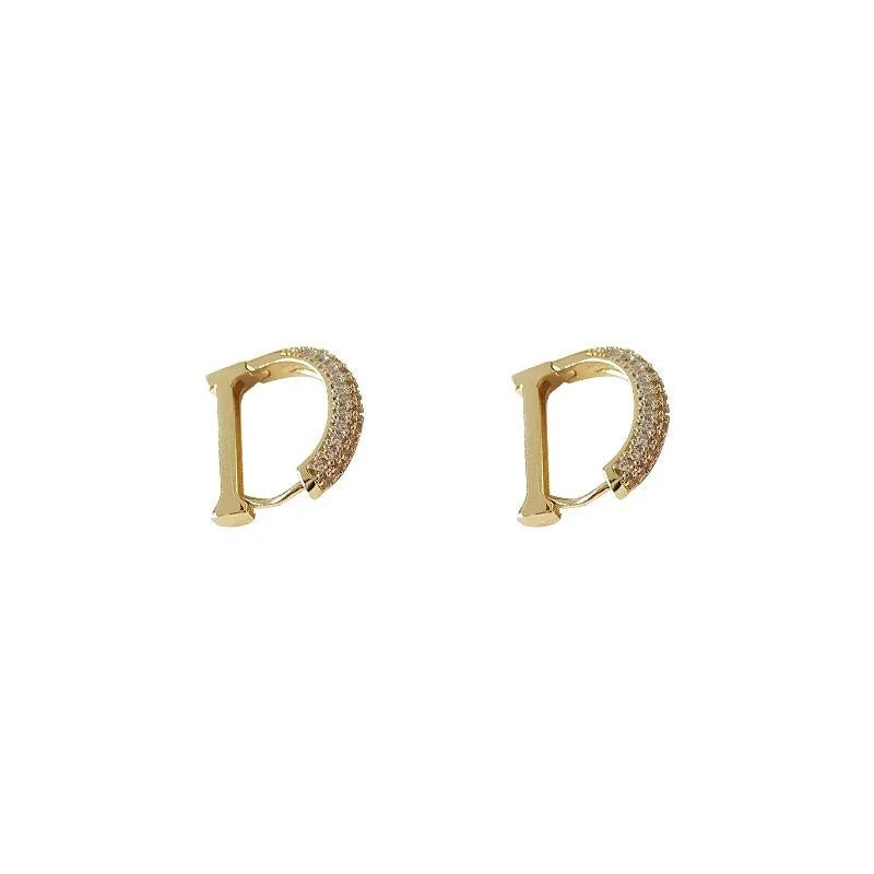 Copper Micro Pave Zircon Letter D Drop Earrings Light Luxury Geometric Semi Circle Jewelry