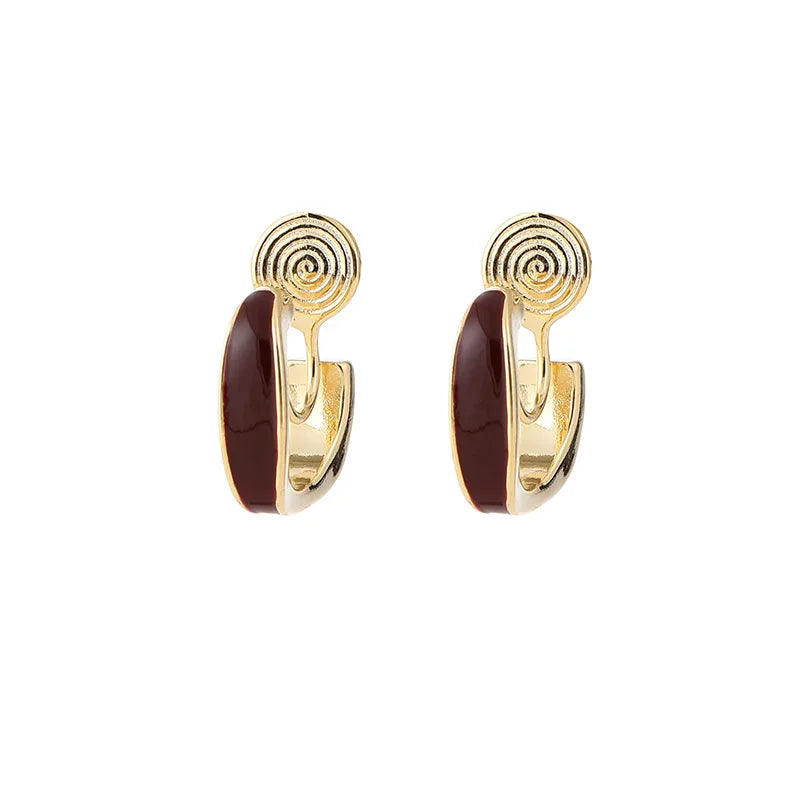 Vintage Red Enamel Square Hoop Alloy Stud & Clip On No Piercing Commuter Statement Earrings