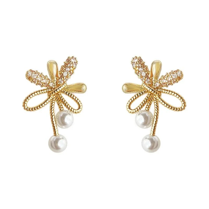 14K Plated Copper Firework Bow Stud Earrings With Pearl Zircon Micro Pave Elegant Office Jewelry