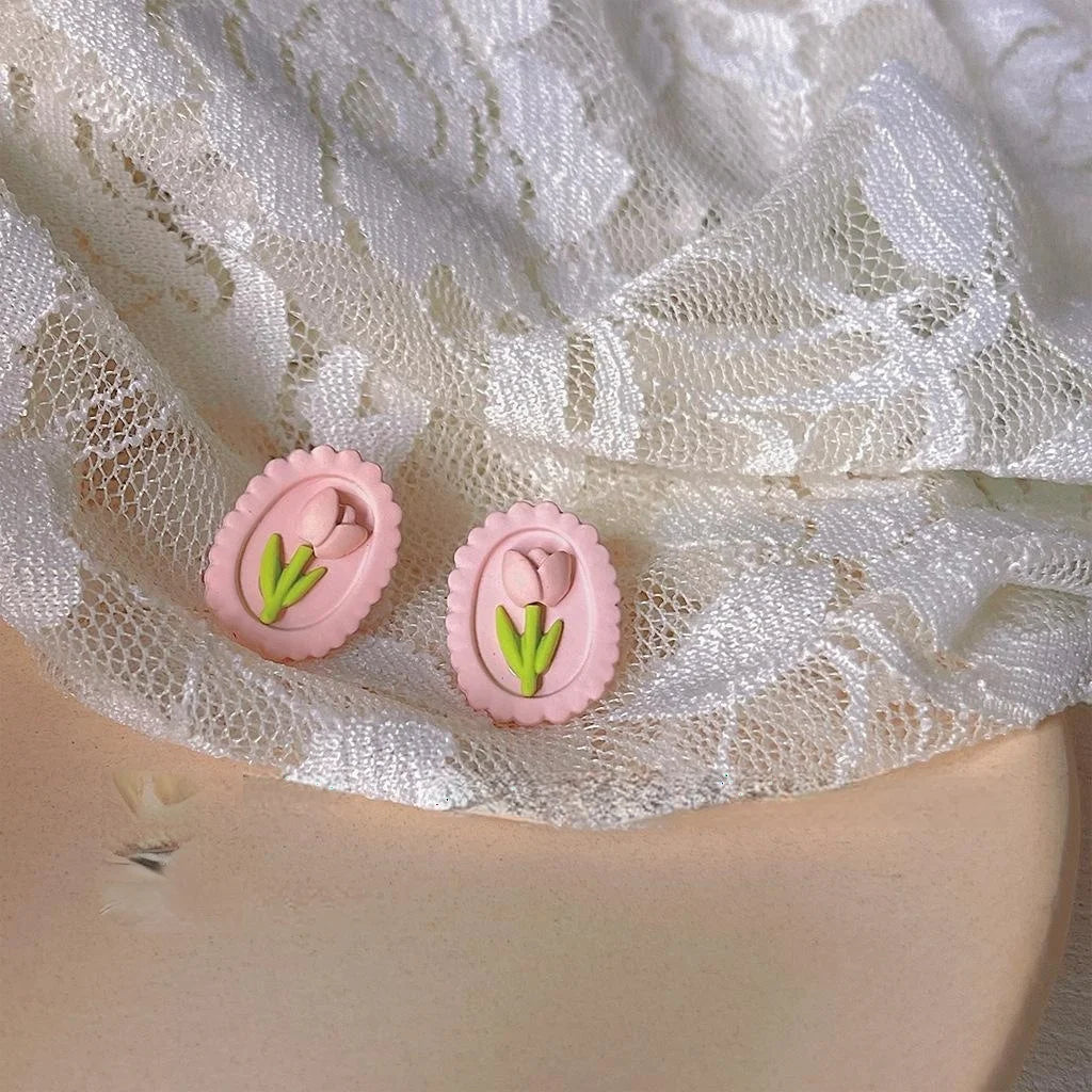 Pink Tulip Flower Stud Earrings Alloy Sweet Vacation Style Jewelry