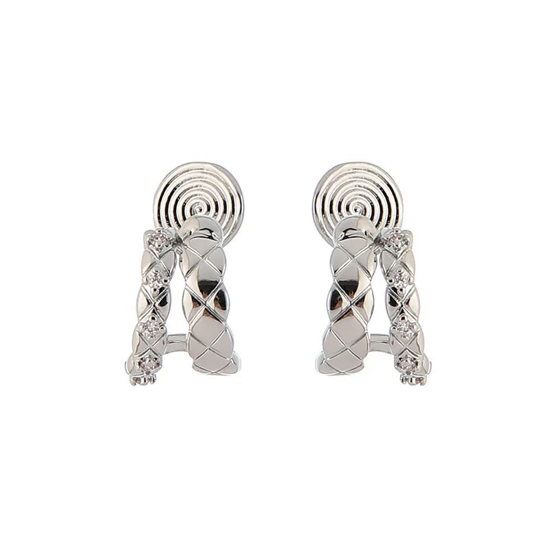 Elegant Silver Alloy Double Hoop Rhinestone Lattice Twist Stud & Clip On No Piercing Earrings