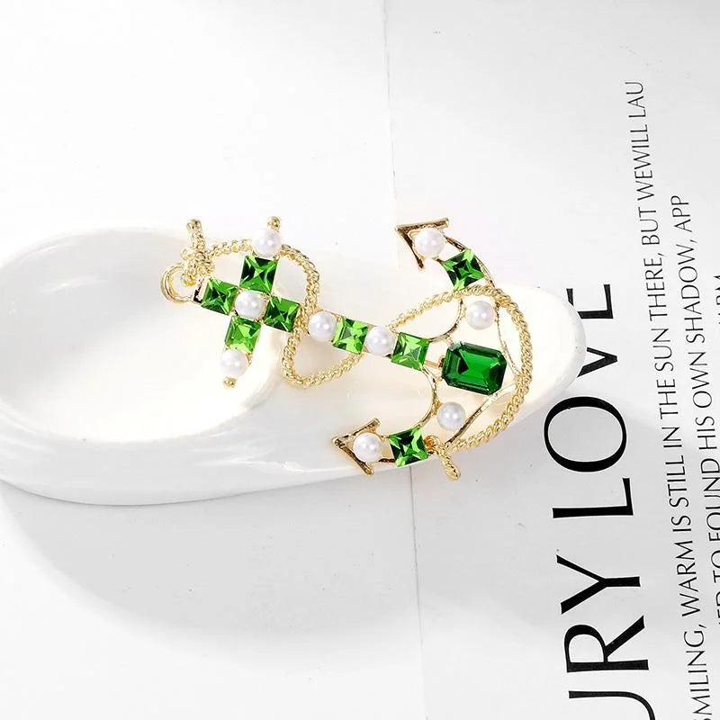 Vintage Baroque Anchor Brooch With Green Rhinestones And Faux Pearls, Luxury Nautical Lapel Pin Gift