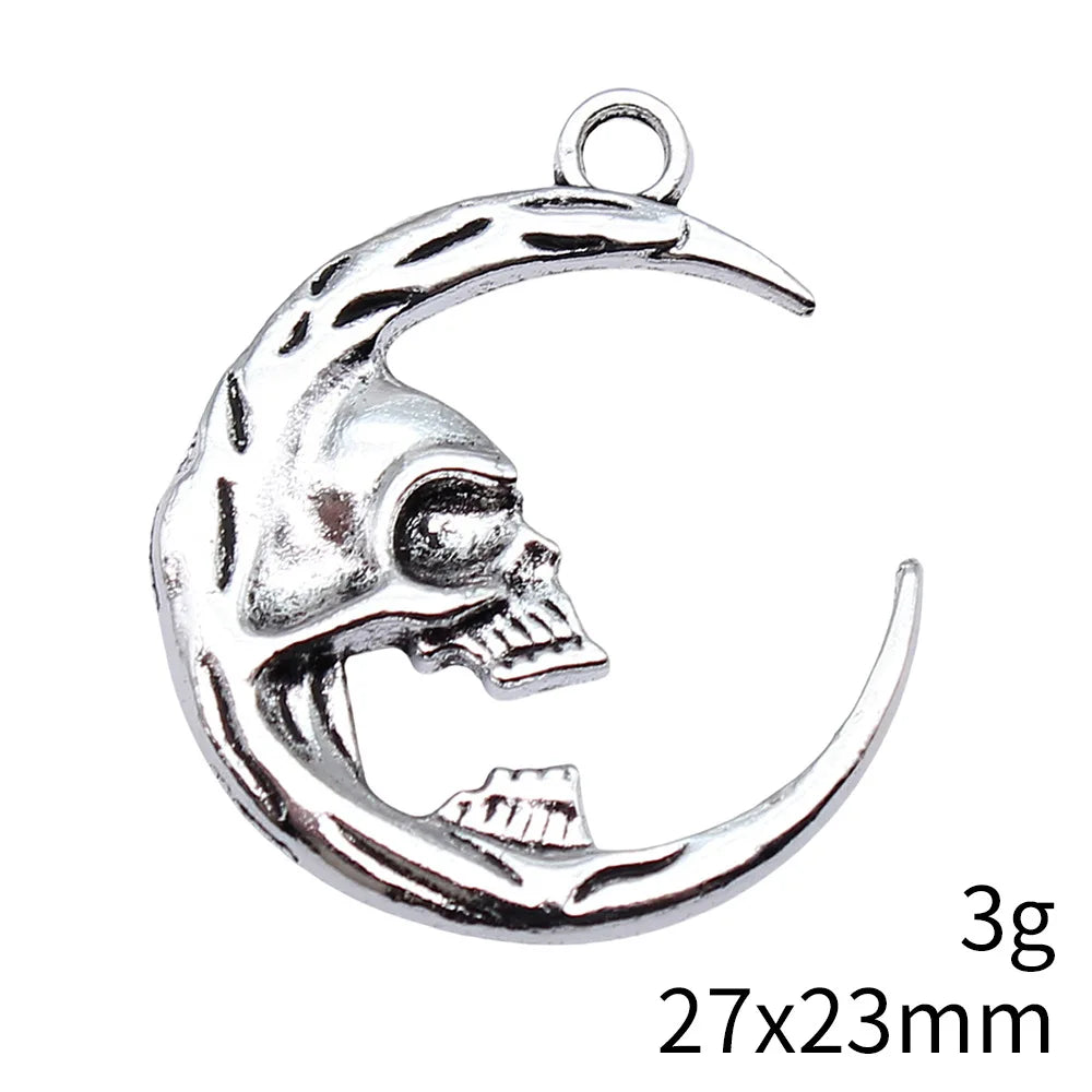 27x23mm 3g Antique Silver Zinc Alloy Skull Moon Double Sided Charm Pendant for DIY Jewelry Making