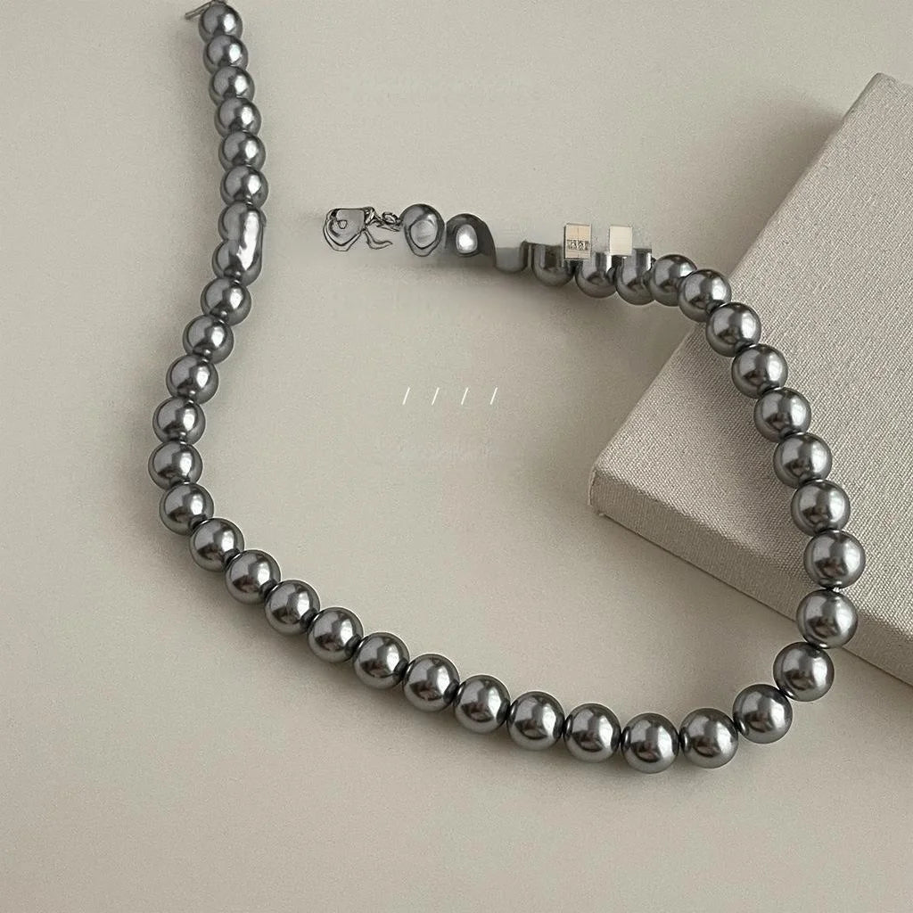 Luxury Gray Round Glass Pearl Necklace For Women Minimalist Geometric Choker Jewelry