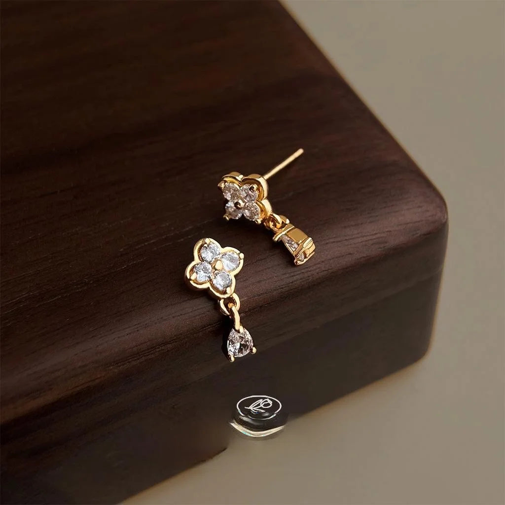 Mini 14K Plated Zircon Flower Waterdrop Stud Earrings For Women, Simple Versatile Jewelry