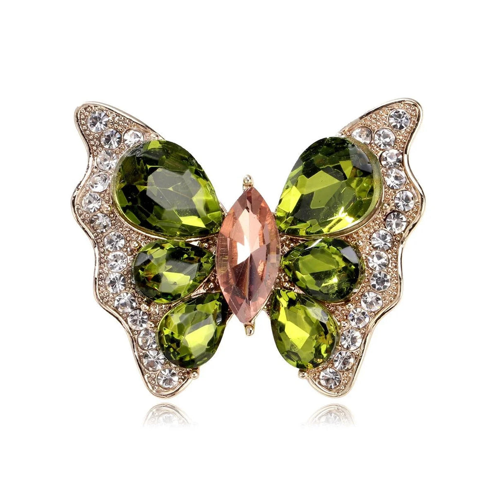 Luxury Glass Butterfly Brooch With Green Rhinestone Wings, Elegant Alloy Lapel Pin Corsage For Women Suit Gift