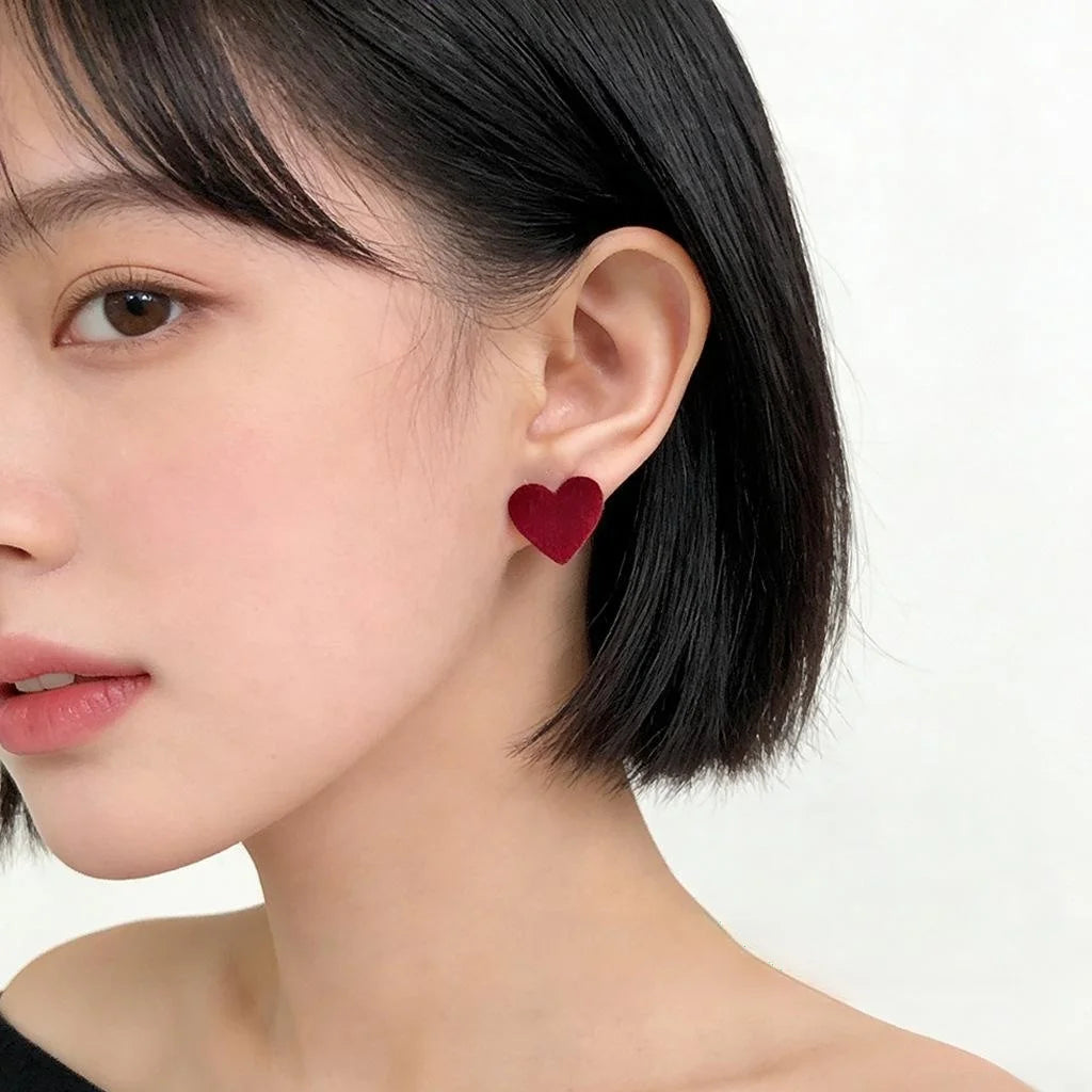 Burgundy Flocked Heart Square Stud Earrings Silver Plated Metal Hong Kong Style Jewelry