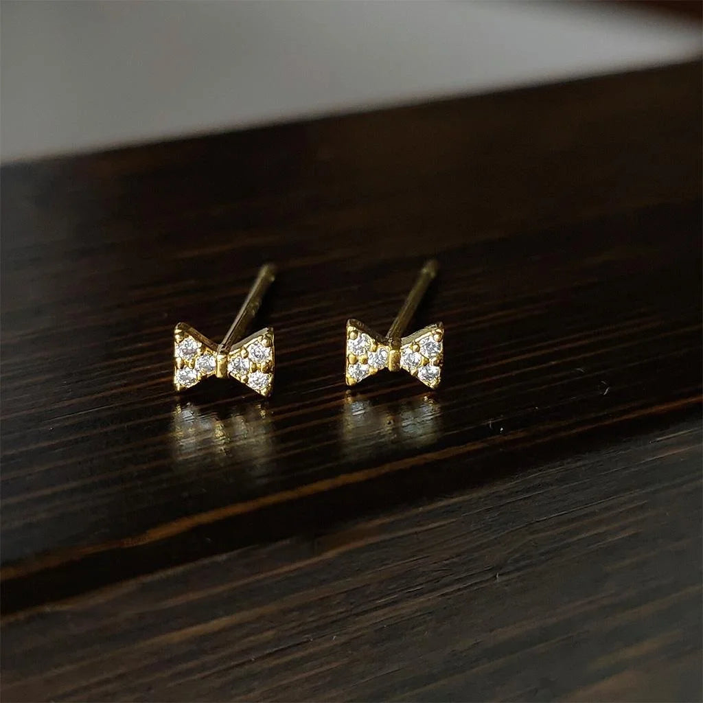 Mini Bow Stud Earrings 14K Plated Copper Micro Pave Zircon Style
