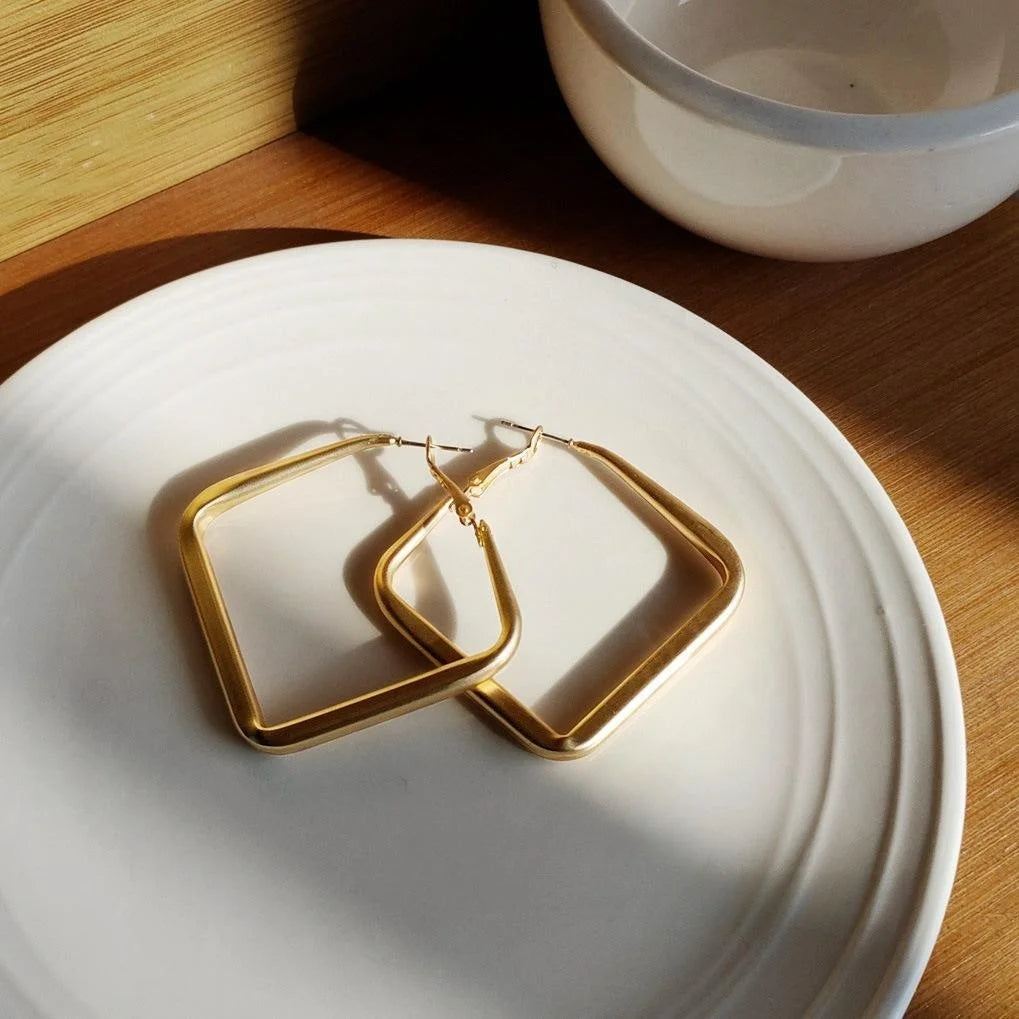 Matte Gold Plated Geometric Square Metal Hoop Earrings For Women Fashion OL Statement Jewelry