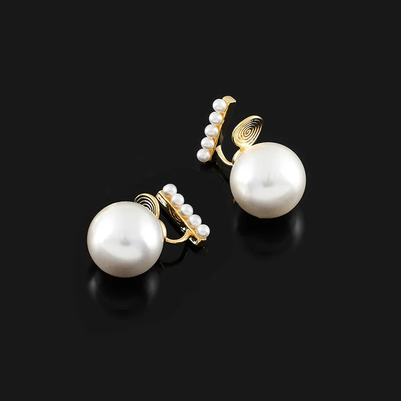 Elegant Luxury Big Pearl Spiral Alloy Front Back Stud & Clip On No Piercing Women's Earrings