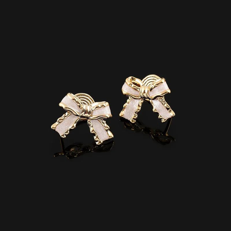 Elegant Pink Enamel Bow Stud & Clip On No Piercing Gold Alloy Ribbon Knot Fashion Jewelry Earrings