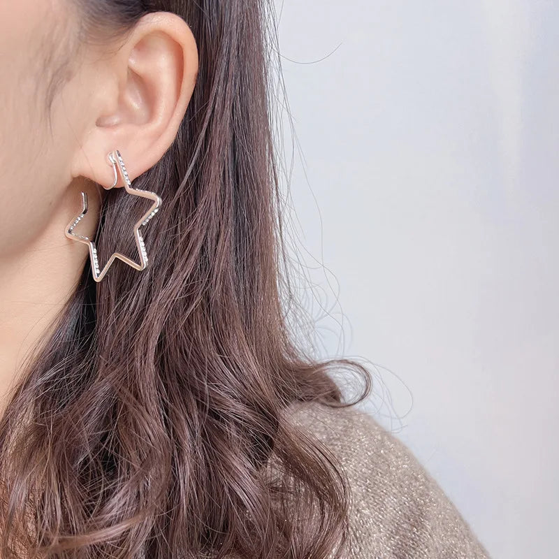 Elegant Silver Alloy Rhinestone Five Point Star Hoop Stud & Clip On No Piercing Fashion Earrings