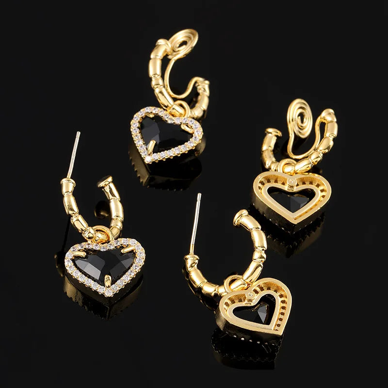 French Luxury Black Heart Zircon Rhinestone Spiral Hoop Stud & Clip On No Piercing Gold Tone Earrings