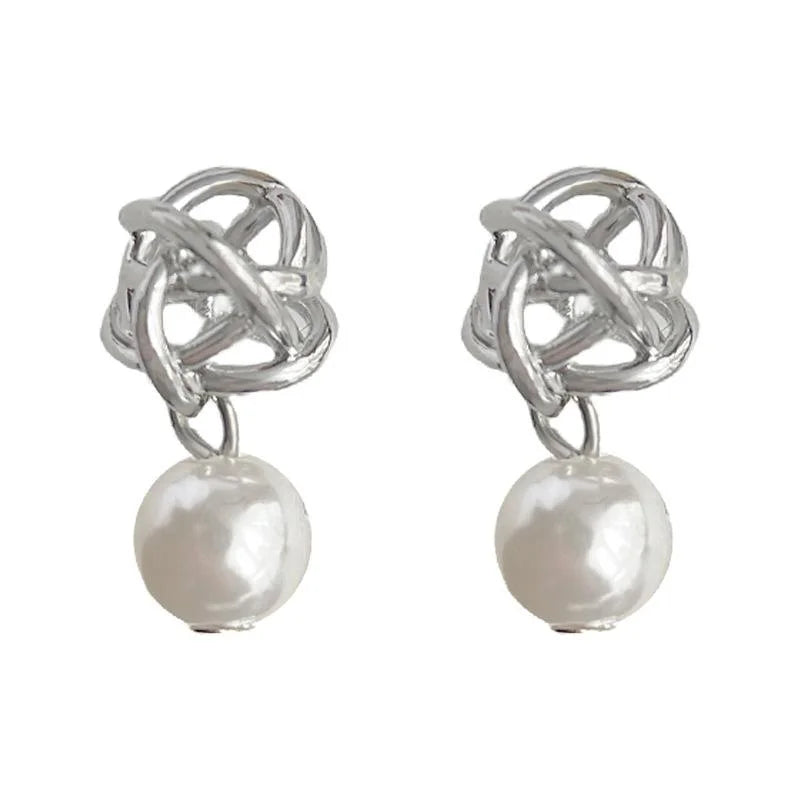 Irregular Geometric Wire Wrapped High Luster Pearl Drop Earrings, Handmade Hollow Versatile Style