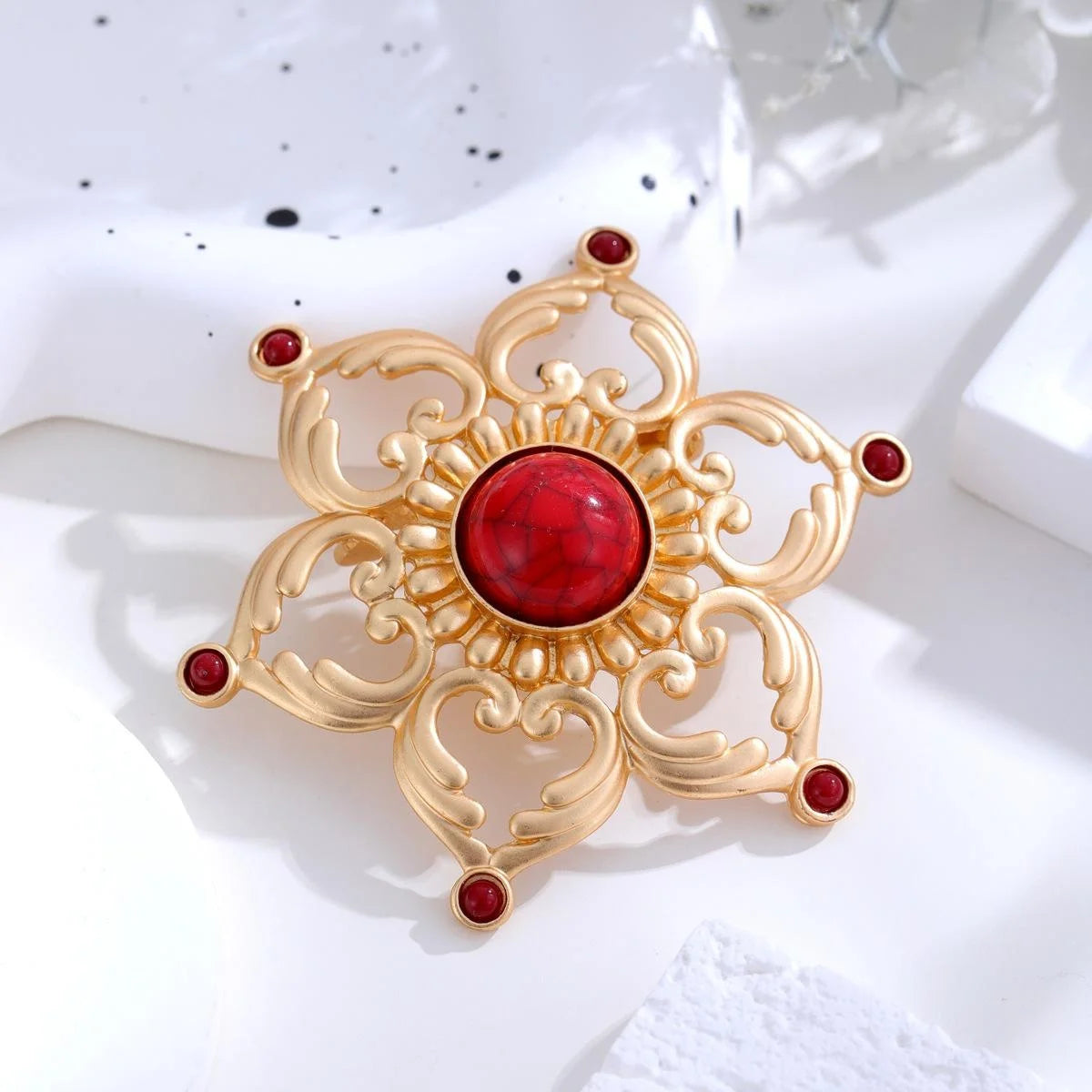 Vintage Hollow Heart Lotus Copper Brooch With Red Rhinestone, Matte Gold Floral Lapel Pin Suit Accessory