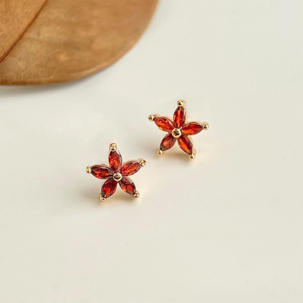 Minimalist Red Zircon Flower Star Stud Earrings Copper Fashion Jewelry