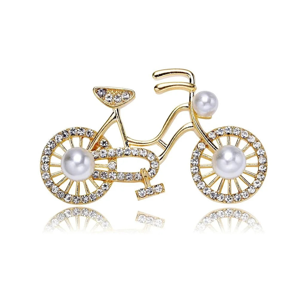 Vintage Bicycle Brooch With Rhinestone Wheels And Pearl Accents, Elegant Gold Alloy Lapel Pin Gift