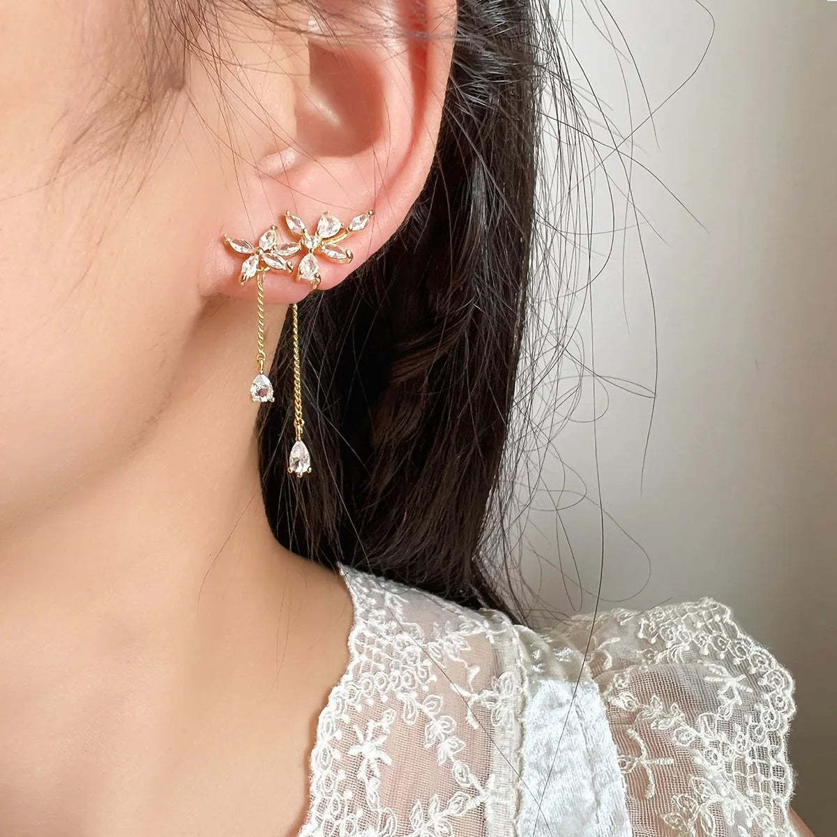 Elegant Forest Floral Rhinestone Tassel Ear Cuff Stud & Clip On No Piercing Chain Drop Earrings