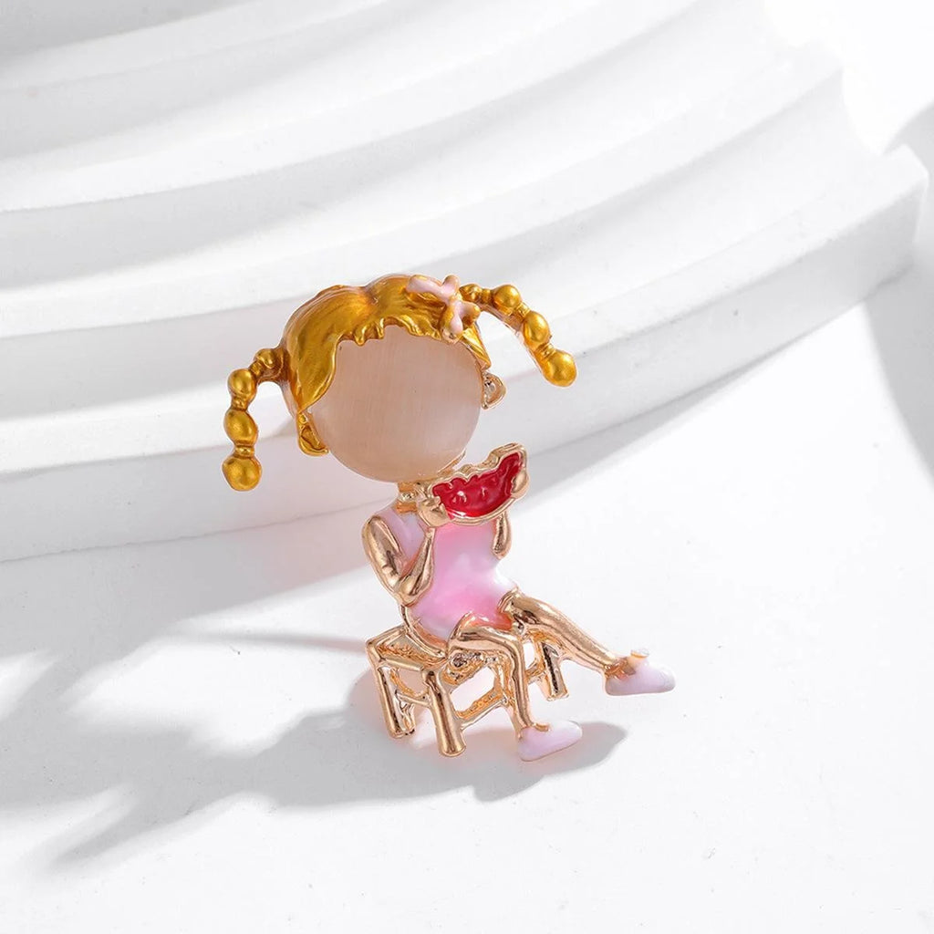 Cute Enamel Little Girl Eating Watermelon Brooch, Gold Tone Alloy Lapel Pin Corsage Suit Accessory Gift