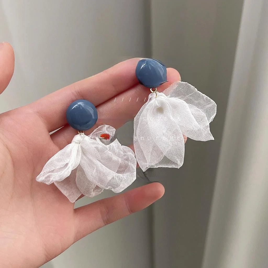 Haze Blue Mesh Flower Stud Earrings Sweet Korean Silver Plated Pin Fairy Style Ear Jewelry