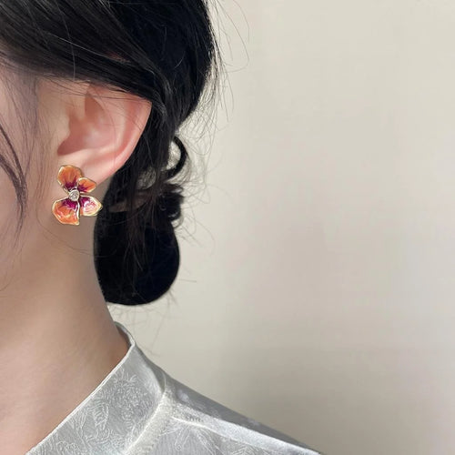 French Vintage Enamel Ombre Iris Flower Drop Earrings, Copper