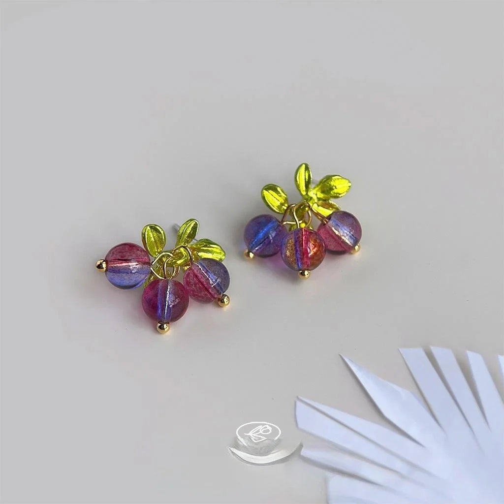 Handmade Purple Grape Cluster Crystal Glass Stud Earrings Sweet Fresh Summer Vacation Style