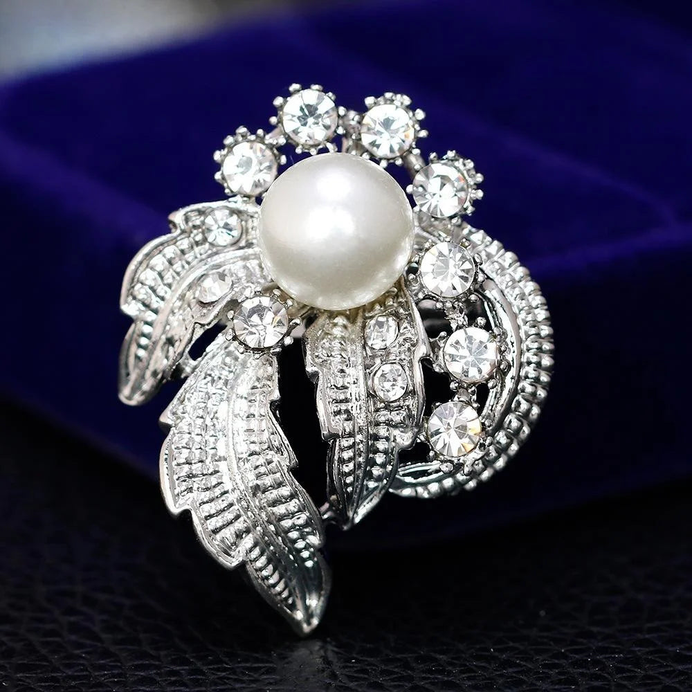 Elegant Silver Plated Rhinestone Pearl Flower Leaf Brooch Pin For Women Lapel Corsage Suit Accessory