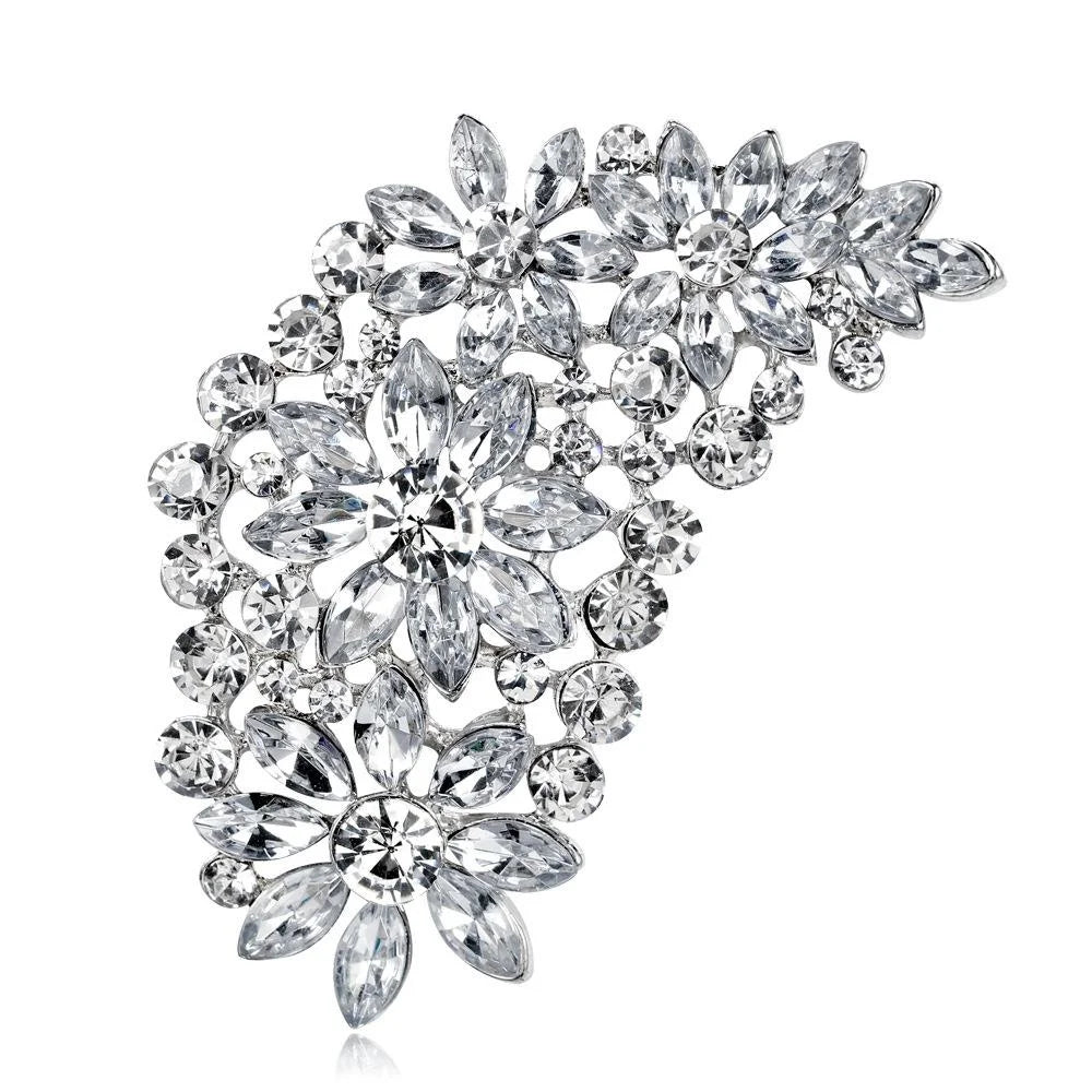 Elegant Crystal Rhinestone Floral Feather Brooch With Marquise Stones, Women's Lapel Pin Corsage Gift