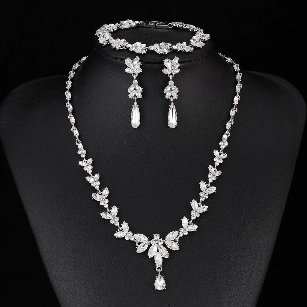 Luxury Bridal Marquise Glass Crystal Necklace Bracelet Earrings Jewelry Set For Wedding Party Banquet Gift