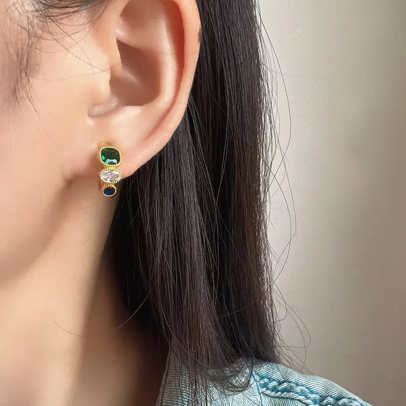 Elegant French Contrast Green Zircon Gold Alloy Spiral Coil Hoop Stud & Clip On No Piercing Earrings
